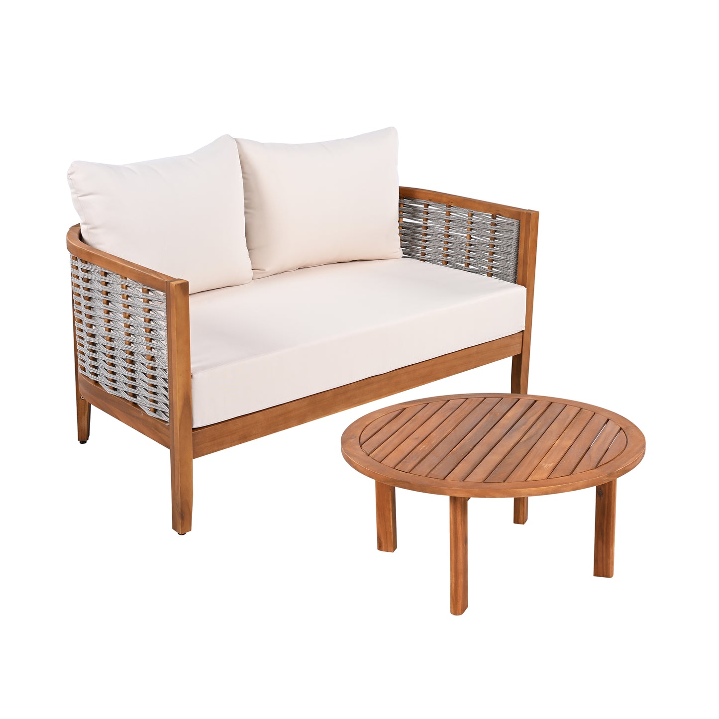 2 Pieces Acacia Wood Patio Furniture Set, Outdoor Unique Tub Design Loveseat With Woven Rope Table, Deep Seating With Soft Cushions For Porch, Garden, Backyard, Balcony, Teak Finish & Beige Cushion