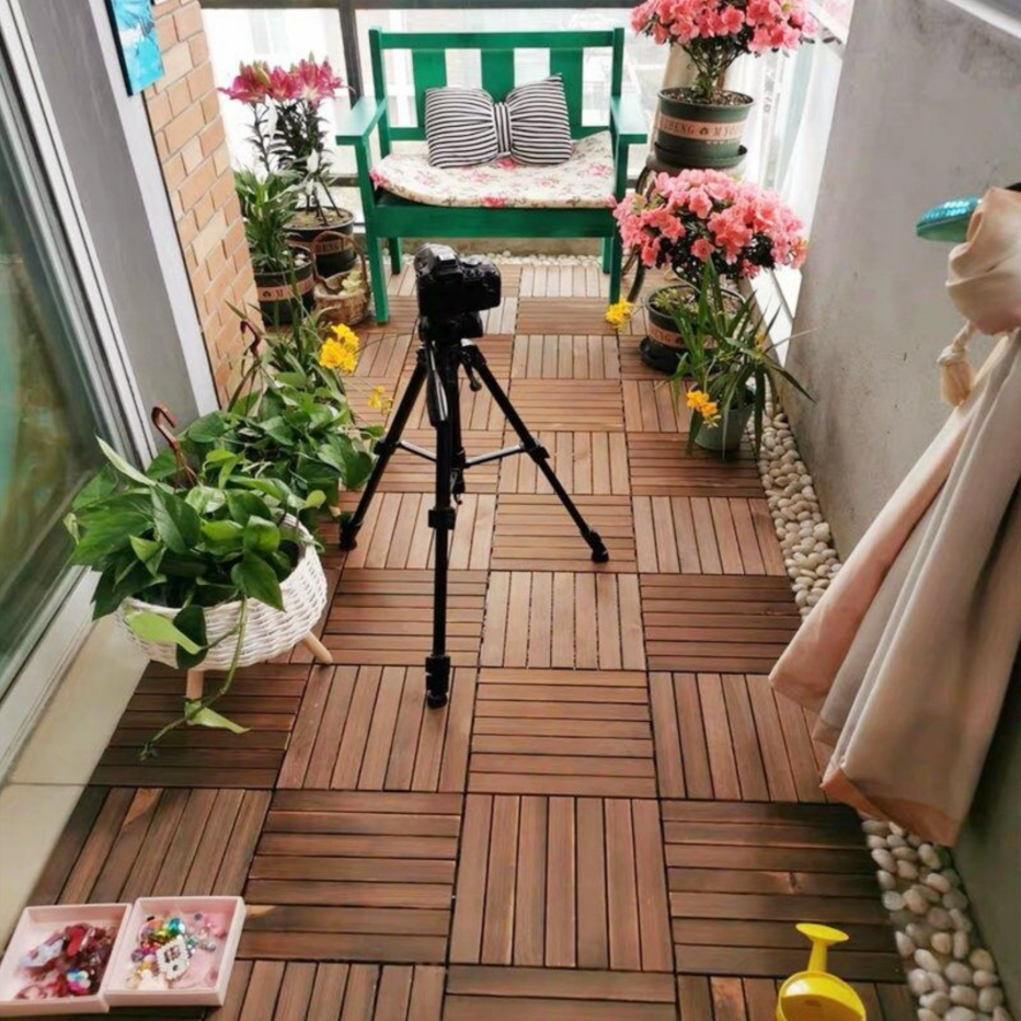 Acacia Wood Interlocking Deck Tiles Striped Pattern, 20 PCS 12inch X 12inch Square Acacia Hardwood Outdoor Flooring For Patio, Bancony, Pool Side