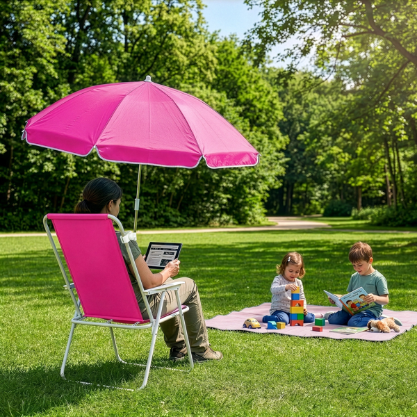 1 Pack Folding Beach Chair With Umbrella, XL Size, 15inch Seat Height, Pink, Steel Spring Chair With Cross Bar, Oxford Cloth, 120kg Capacity