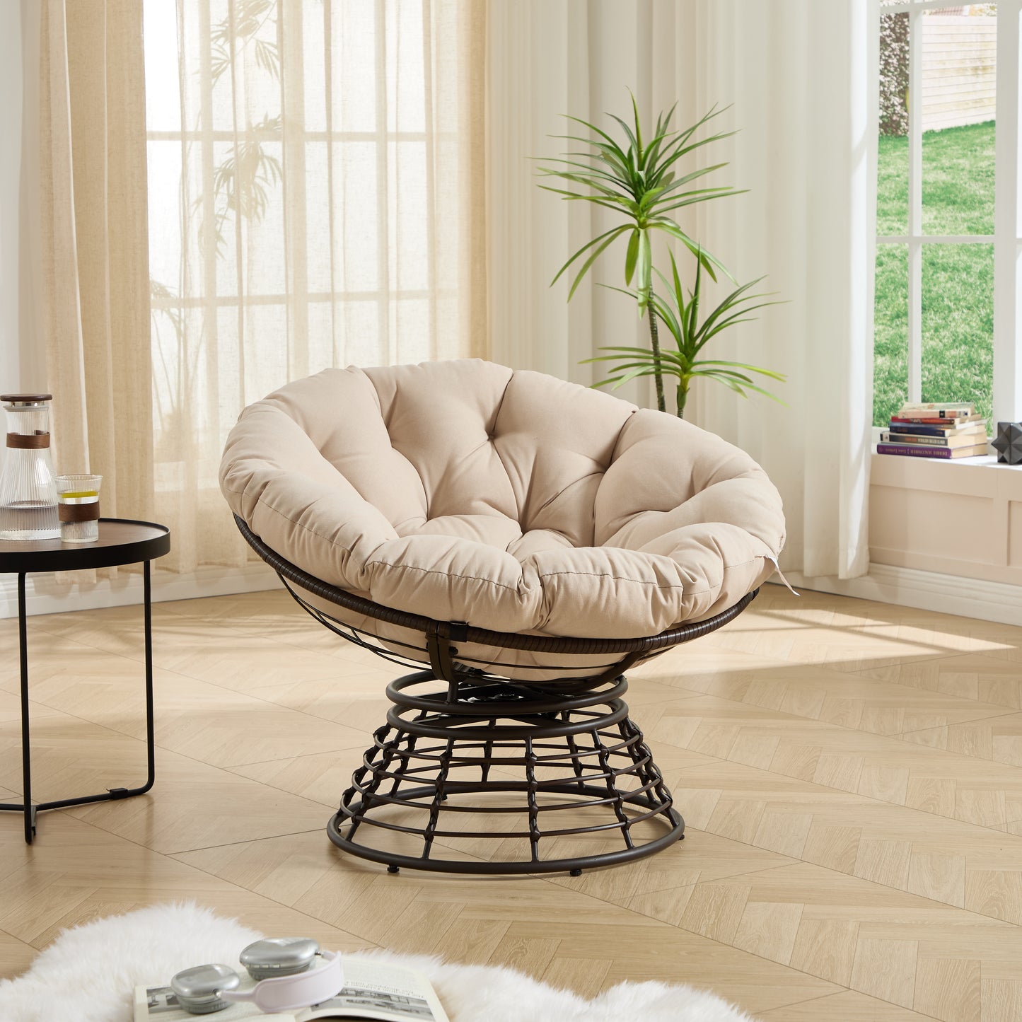Comfortable Ergonomic Wicker Papasan Chair, 360 Swivel Indoor Outdoor Rattan Chair With Soft Thick Cushion, Ideal For Living Room, Bedroom, Reading Room, Brown Frame With Beige Cushion