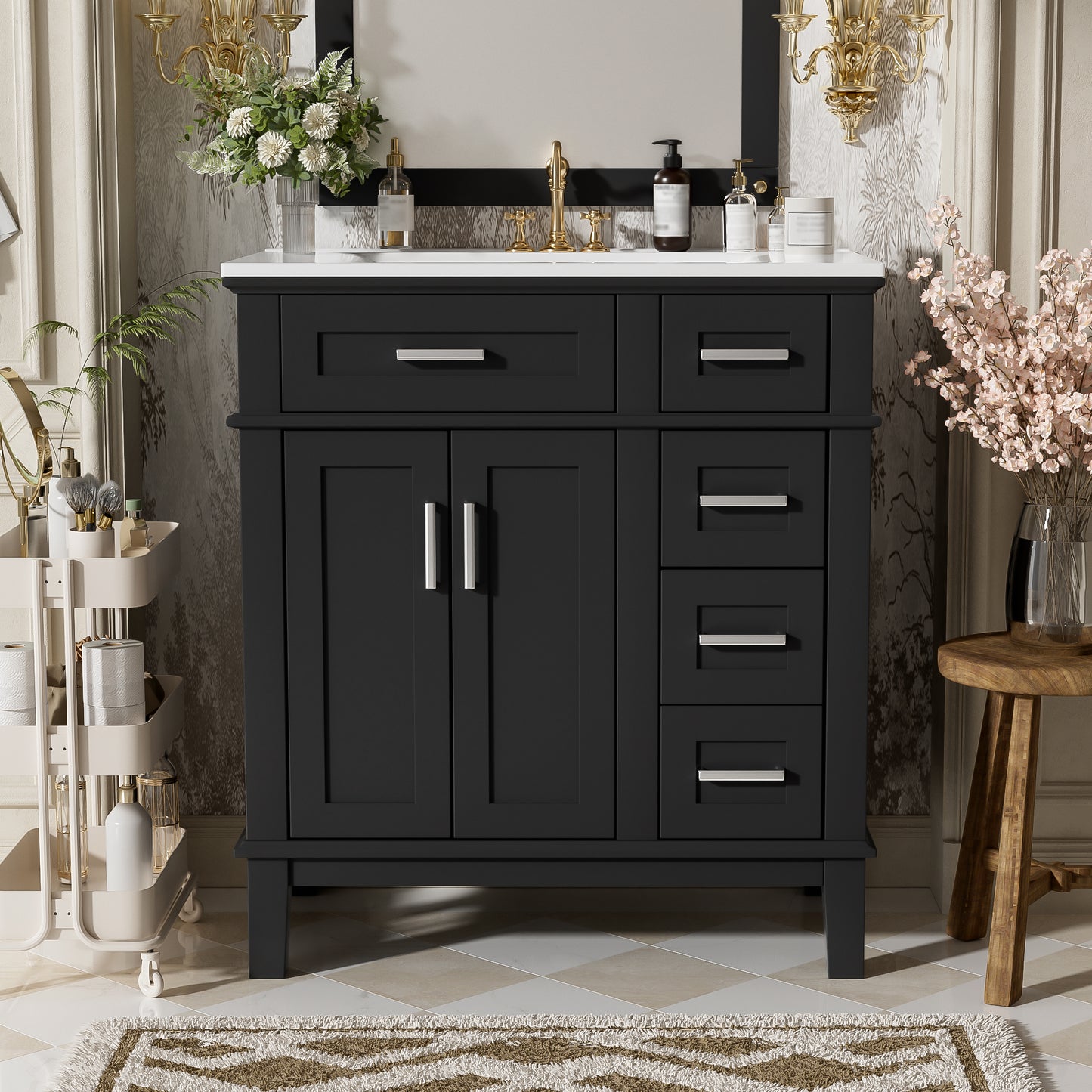 30  Bathroom Vanity With Ceramic Sink, Modern Storage Cabinet With Soft-Close Doors, Deep Drawer & Standard Drawer, Stylish Bath Vanity For Small Bathrooms