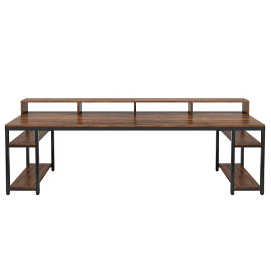 Two Person Desk With Monitor Stand, 78.74" Long Double Computer Office Desk With Storage Shelves, Large Gaming Study Writing Table