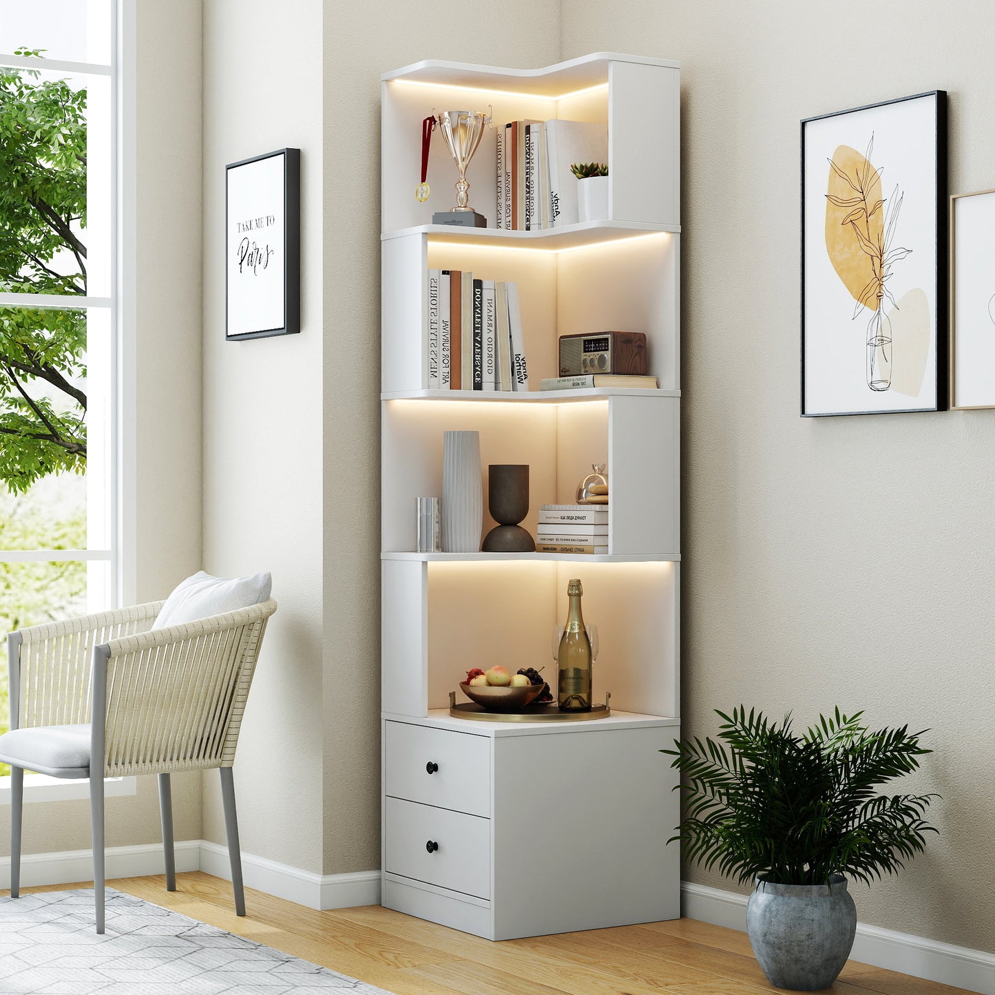Corner BookShelf With Drawers,4-Tier Corner Bookshelf Bookcase With Baffle, Freestanding L Shaped Display Shelf Stand With Led Lights For Home Office, Living Room, Bedroom, Kitchen