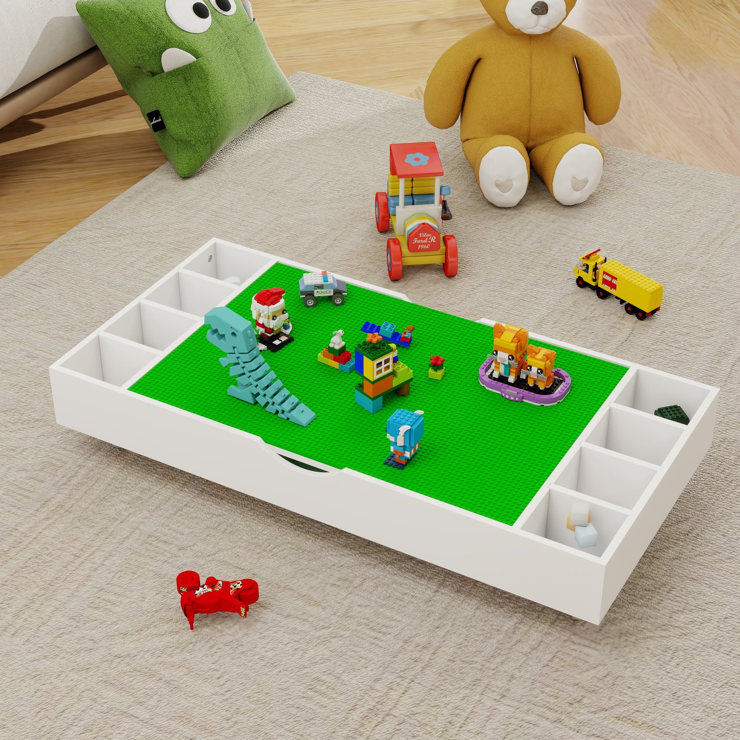 The 2 In 1 Rollaway Play Table And Toy Organizer Compatible With Lego Suitable For Storing Under Bed Or Sofa-White  38 X 18.7 X 5.9