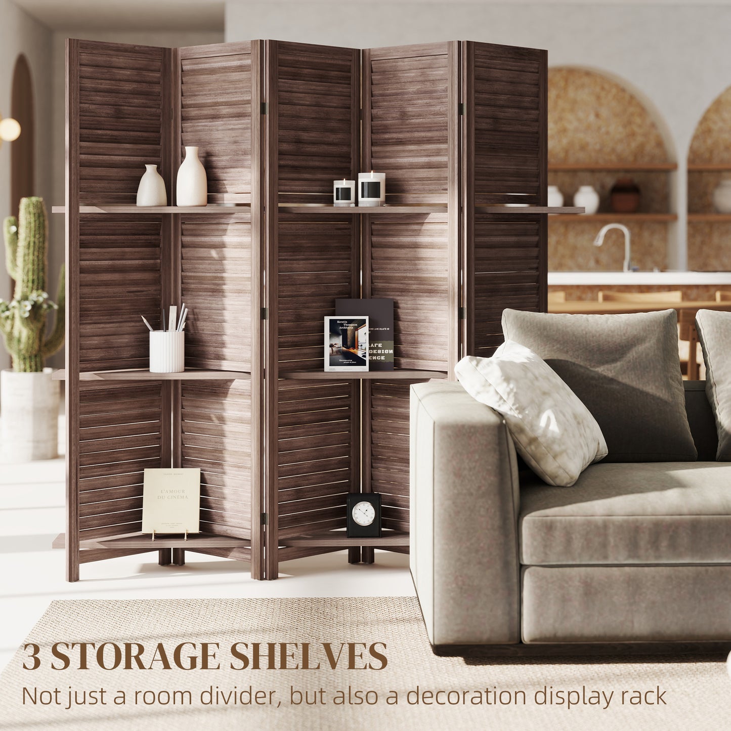 5 Panel 67" Tall Wood Privacy Screen Room Divider With 3 Shelves And Folding Storage For Bedroom, Walnut