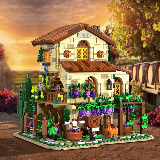 Winery Chateau House Building Set With Lights, Vineyard Castle Construction Model Home Decor, Vine Estate Autumn Cabin Building Block Kit, Birthday Gift For Adults Teens Boys Girls