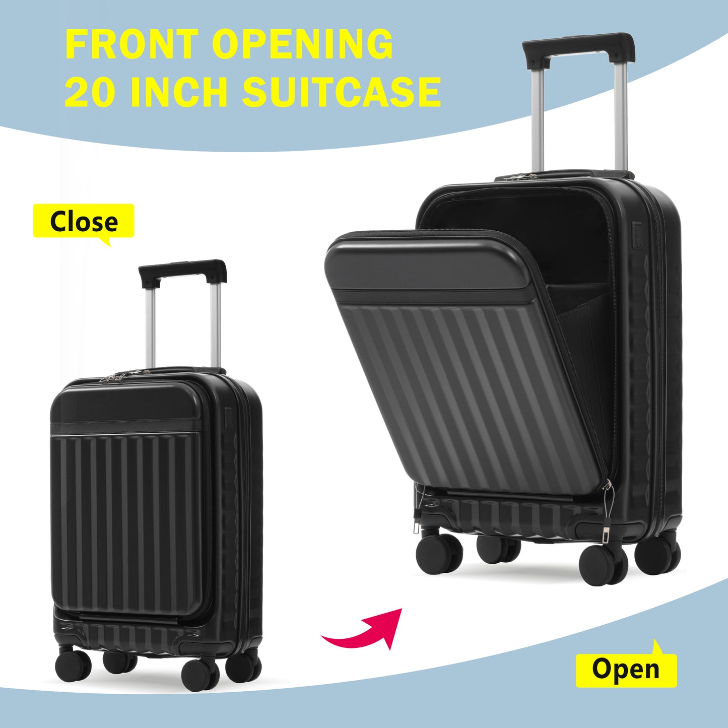Front Opening Luggage Set 3 Piece, Hardside Carry On Suitcase With USB Port, Expandable Luggage With Handle Bag Spinner Wheels TSA Lock