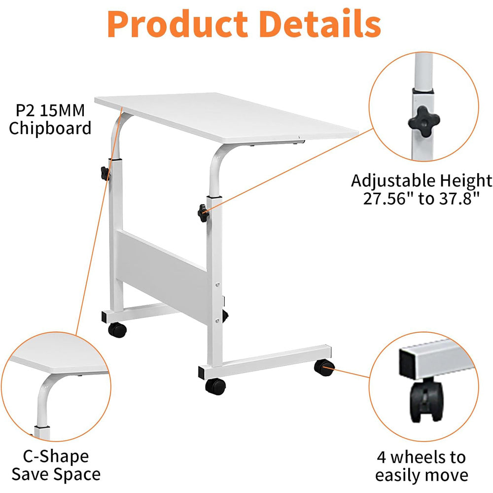 80cm Adjustable Tray Table Rolling Sofa Side Snack Table With Wheels Portable C-Shape Dinner Tray Tables Mobile Wooden Laptop Desk Beside Couch Bed