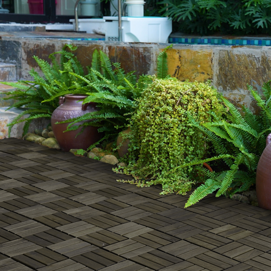 Acacia Wood Interlocking Deck Tiles Checker Pattern, 10PCS 12inch X 12inch Square Dark Brown Acacia Hardwood Outdoor Flooring For Patio, Bancony, Pool Side