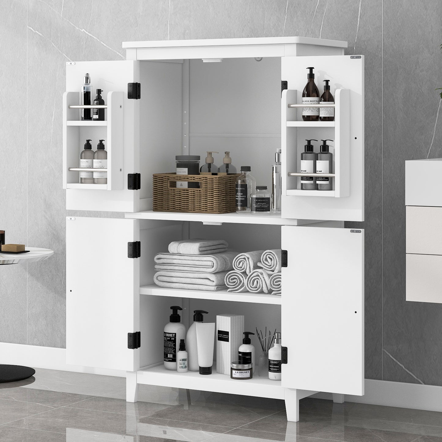 Elegant Bathroom Floor Storage Cabinet, Bathroom Storage Unit, Freestanding Cabinet With 4 Doors, Adjustable Shelves, Adaptable Shelves, White