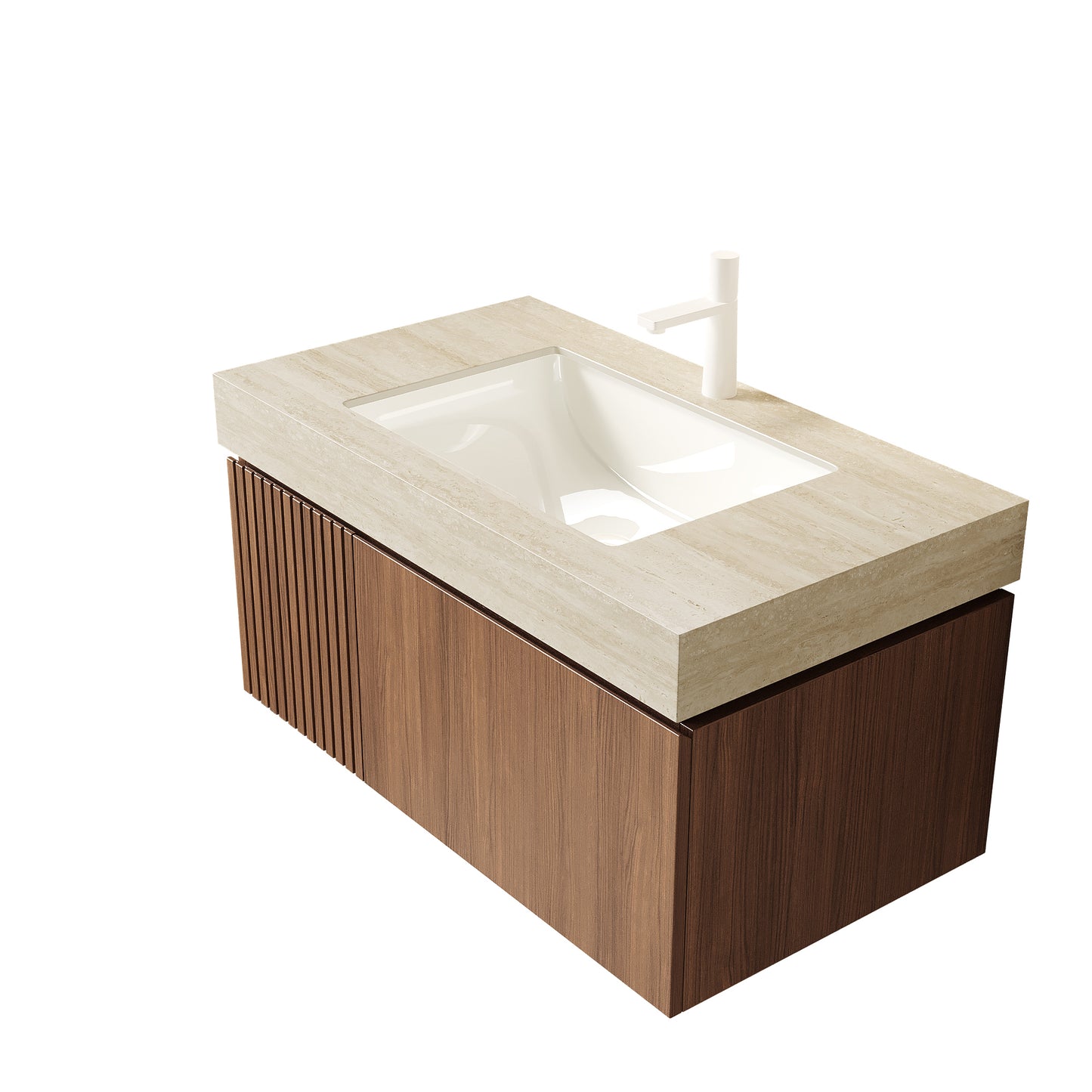 MURI 36 Bathroom Vanity&Sink, Floating Plywood Storage Cabinet With Drawer&Door, Roma Travertine Sintered Stone Top&Ceramic Basin With 1 Pre-drilled Faucet Hole, Pre-assembled, Brown Oak Woodgrain
