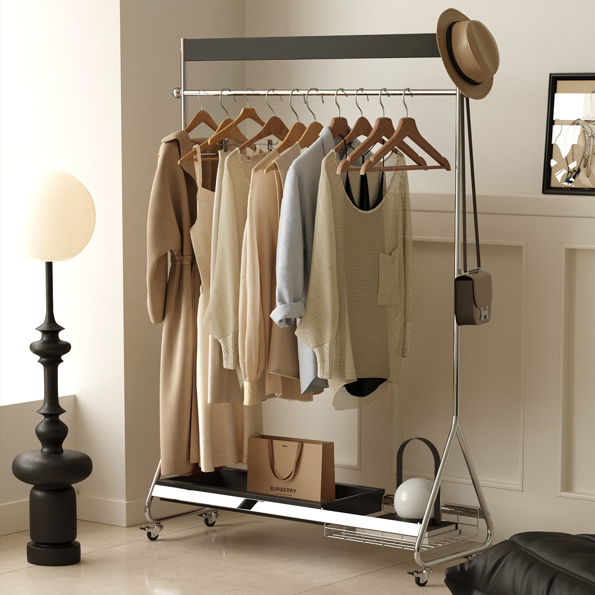 Leon Clothes Hanger Black Antique American Clothes And Hat Rack Retro Home Portable Stainless Steel Bedroom Floor Storage Shelf