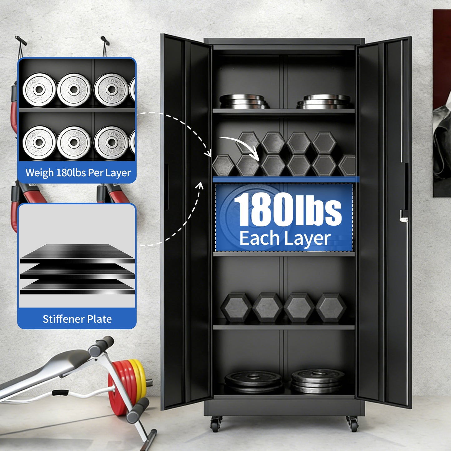 71H Metal Garage Storage Cabinet With Wheels And Lock, Heavy Duty Rolling Metal Cabinet, 4 Adjustable Shelves  180lb Each , 3-Point Locking Security, For Tool Organization In Garage, Workshop, Office
