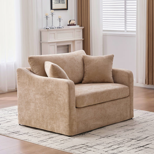 43.9 Wide Modern Upholstered Farmhouse Performance Accent Chair With Black Metal Legs,  Chenille Reading Armchair Single Sofa With Two Bolster Pillows For Living Room Offices And Lounge,Wheat