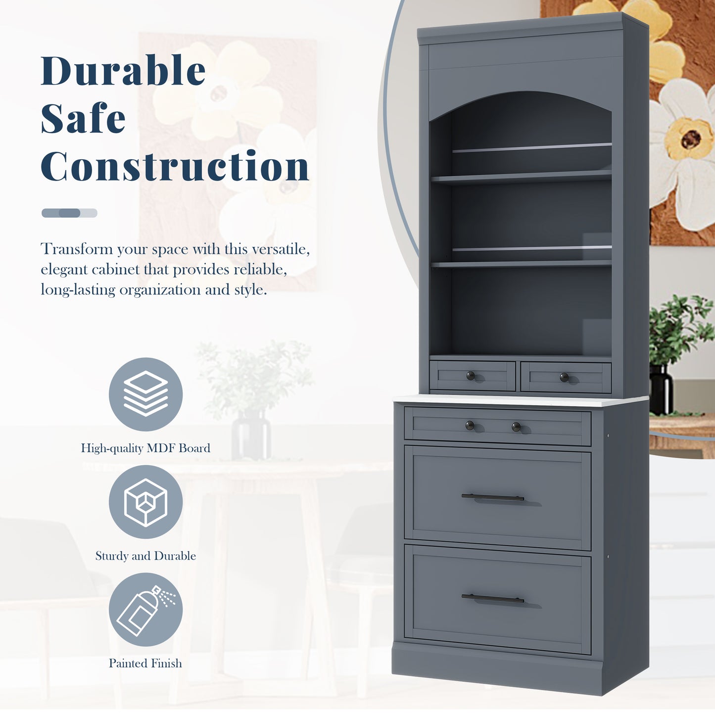 TOPMAx Modern 83.7inch High Kitchen Pantry  Freestanding Tall Kitchen Hutch With Faux Marble Top  Display Cupboard Cabinet With 5 Storage Drawers And Adjustable Shelf  Gray