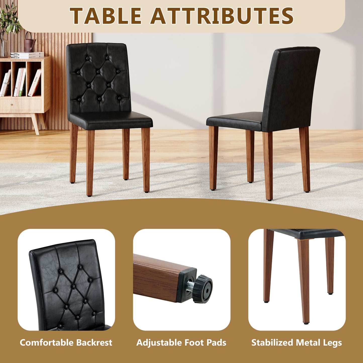 4-piece Set Of Black PU Dining Chairs Ergonomically Designed With A Buckle Backrest, 35 Inches High, Walnut Metal Legs, Combining Comfort And Texture. Very Suitable For Family Restaurants,hotel ,etc.