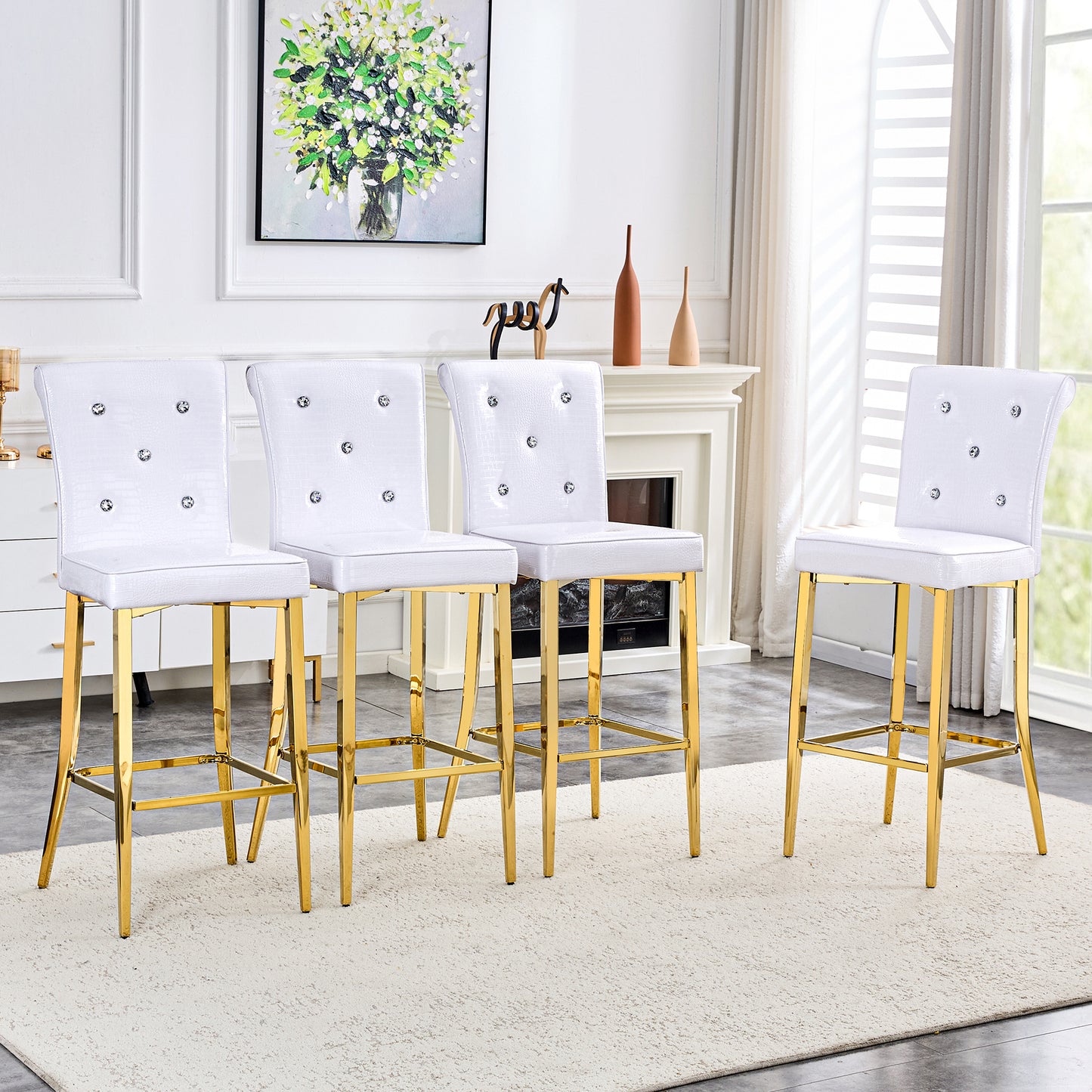 A Set Of 2 White And Gold Vintage Crocodile Leather Bar Chairs, Featuring Crystal Clasp Design And Synthetic Leather Design, Adding A Touch Of Elegance And Mystery To The Dining Area
