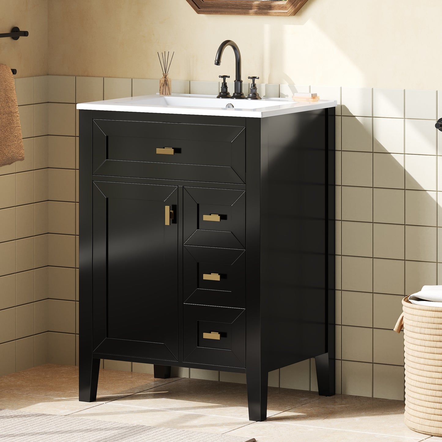 24'' Black Bathroom Vanity With Sink, MDF & Rubberwood Construction, 3 Drawers & Cabinet With 2-Tier Door Storage Rack, Soft-Close Door & Drawers, Modern Design For Small To Medium Bathrooms
