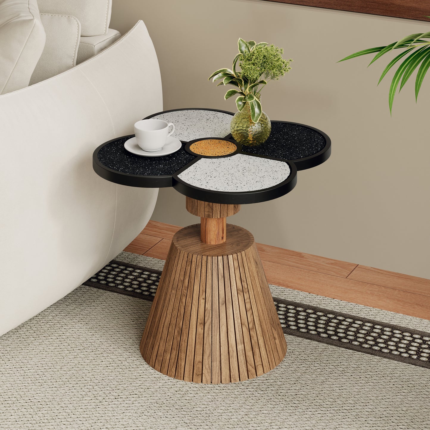Unique Four Leaf Clover Side Table For Living Room, Bedroom & Small Spaces  Decorative Accent Table With Wood Grain Base