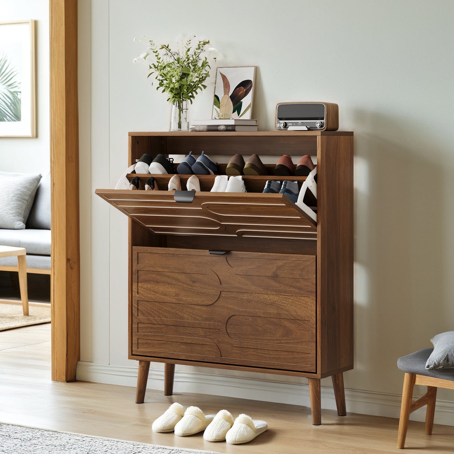 Medieval Modern Independent Shoe Cabinet, 31.5-inch Walnut Shoe Storage Cabinet,, Fence Shoe Cabinet With 2 Flip Drawers, Suitable For Corridors And Entrances