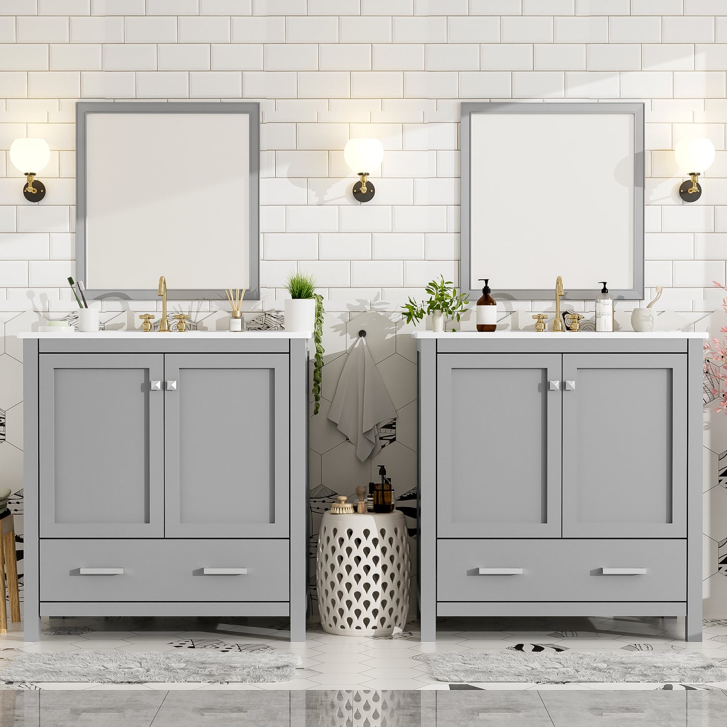 60  Grey Bathroom Vanity Set With Double Vanities  Separate , Double Ceramic Sinks, Storage Shelf, And Divided Drawers   Mirror Not Included  Modern Bathroom Solution For Spacious Bathrooms
