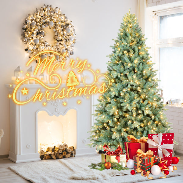 Artificial 7.5ft Blue Green Tint Christmas Tree With 2148 PE PVC Mixed Branch Tips, Memory Wire Iron Wire, Hinged Premium & Foldable Base For Indoor Holiday Decorating