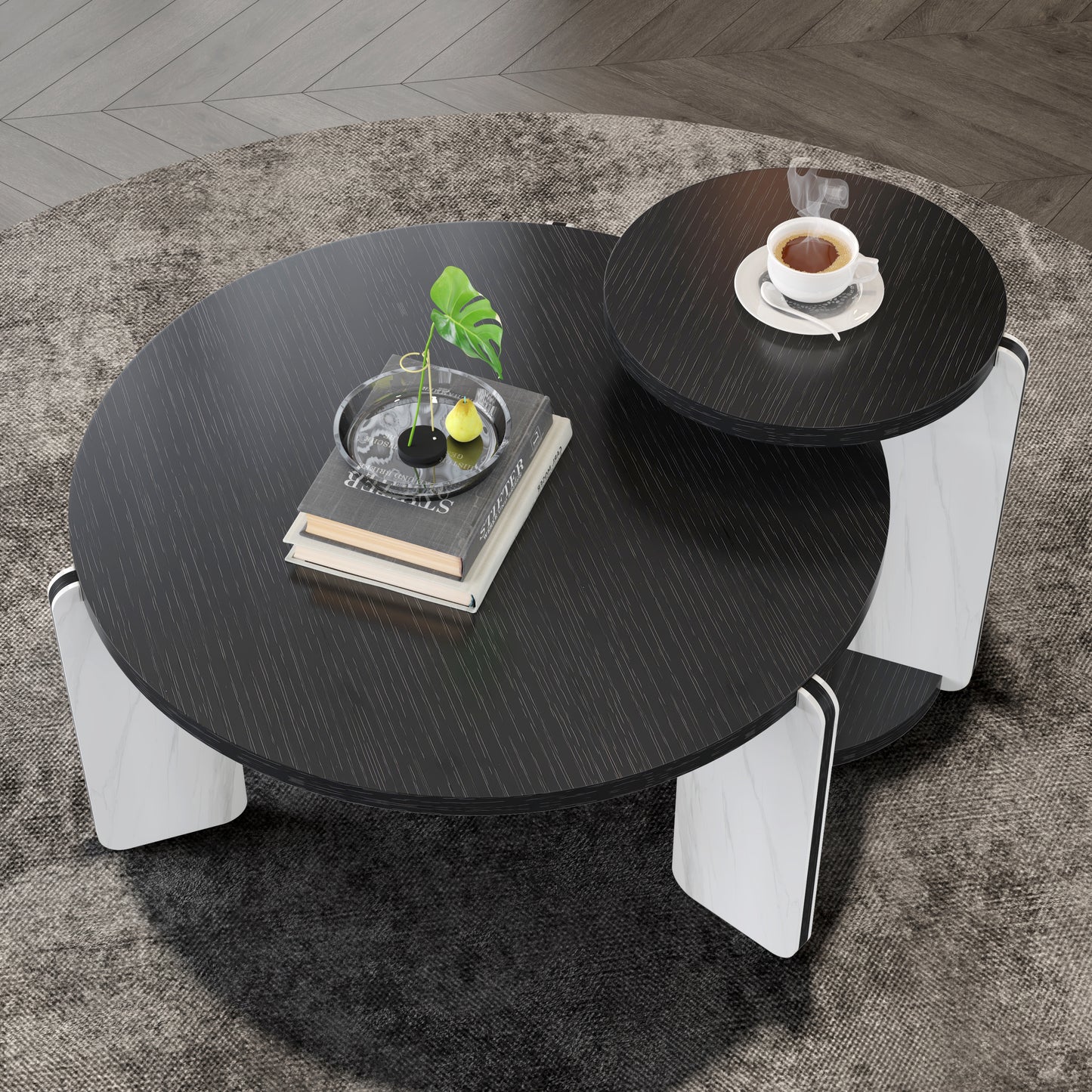 32.68& 16.93 Round Coffee Table End Table Sofa Table Side Table Set With Black OAK Veneer Surface 25mm MDF For Living Room Dinning Room Bedroom,Sintered Stone Legs White Black, 83 43cm Diameter