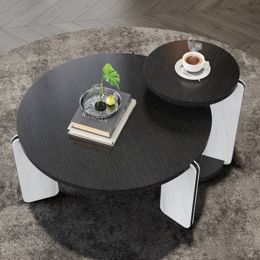 32.68& 16.93 Round Coffee Table End Table Sofa Table Side Table Set With Black OAK Veneer Surface 25mm MDF For Living Room Dinning Room Bedroom,Sintered Stone Legs White Black, 83 43cm Diameter