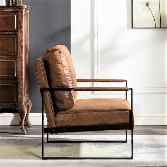 Classic Mid Century Modern Accent Chair With Durable Square Metal Frame, Armchair For Living Room, Bedroom, Home Office In Spotted Microfiber Upholstery, Yellow Brown
