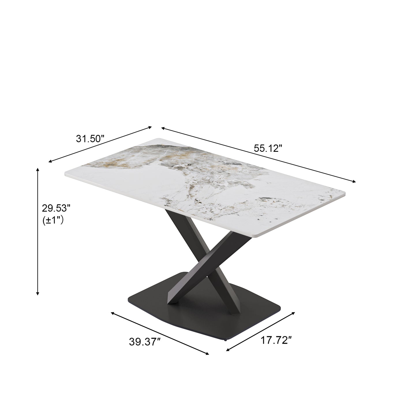 55.12  Modern Artificial Stone Pandora White Straight Edge Black Metal X-Leg Dining Table -6 People