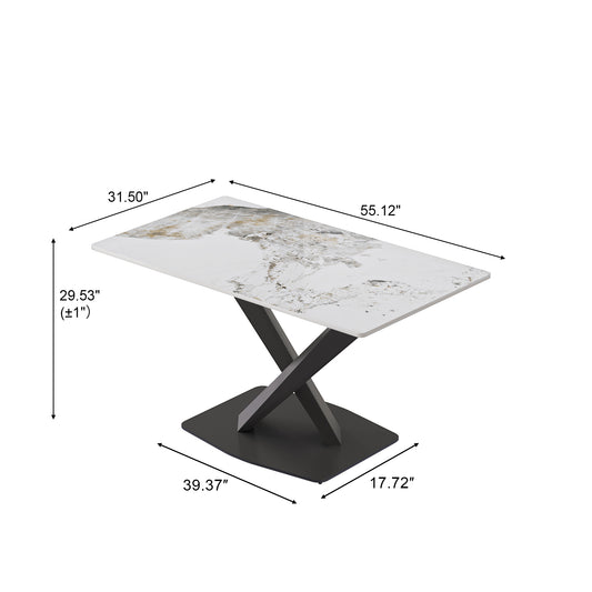 55.12  Modern Artificial Stone Pandora White Straight Edge Black Metal X-Leg Dining Table -6 People