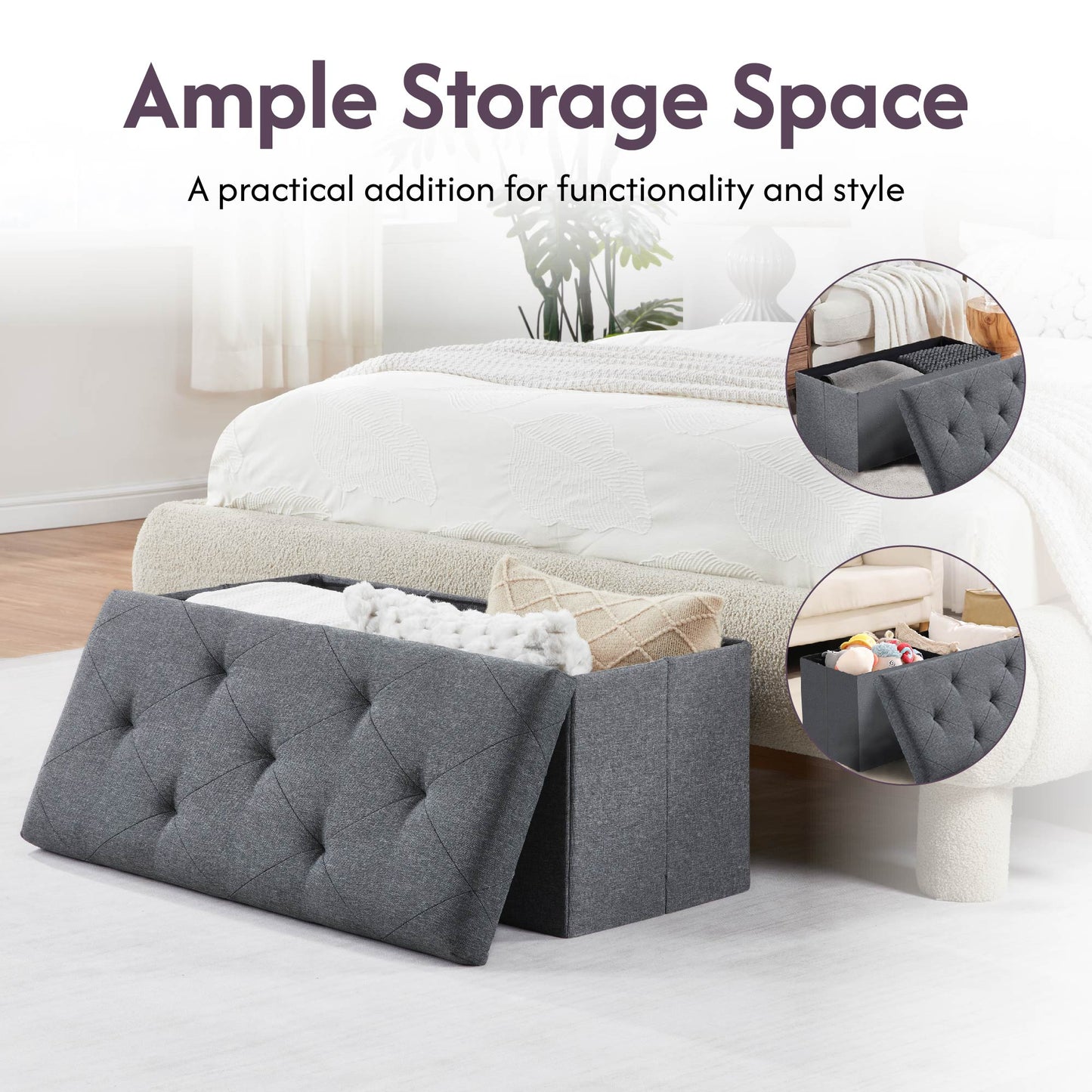 Folding Storage Ottoman Bench, Ottoman Foot Rest, End Of Bed Bench, Storage Chest,  For Living Room, Bedroom, Entryway, 30 Inches, Gray