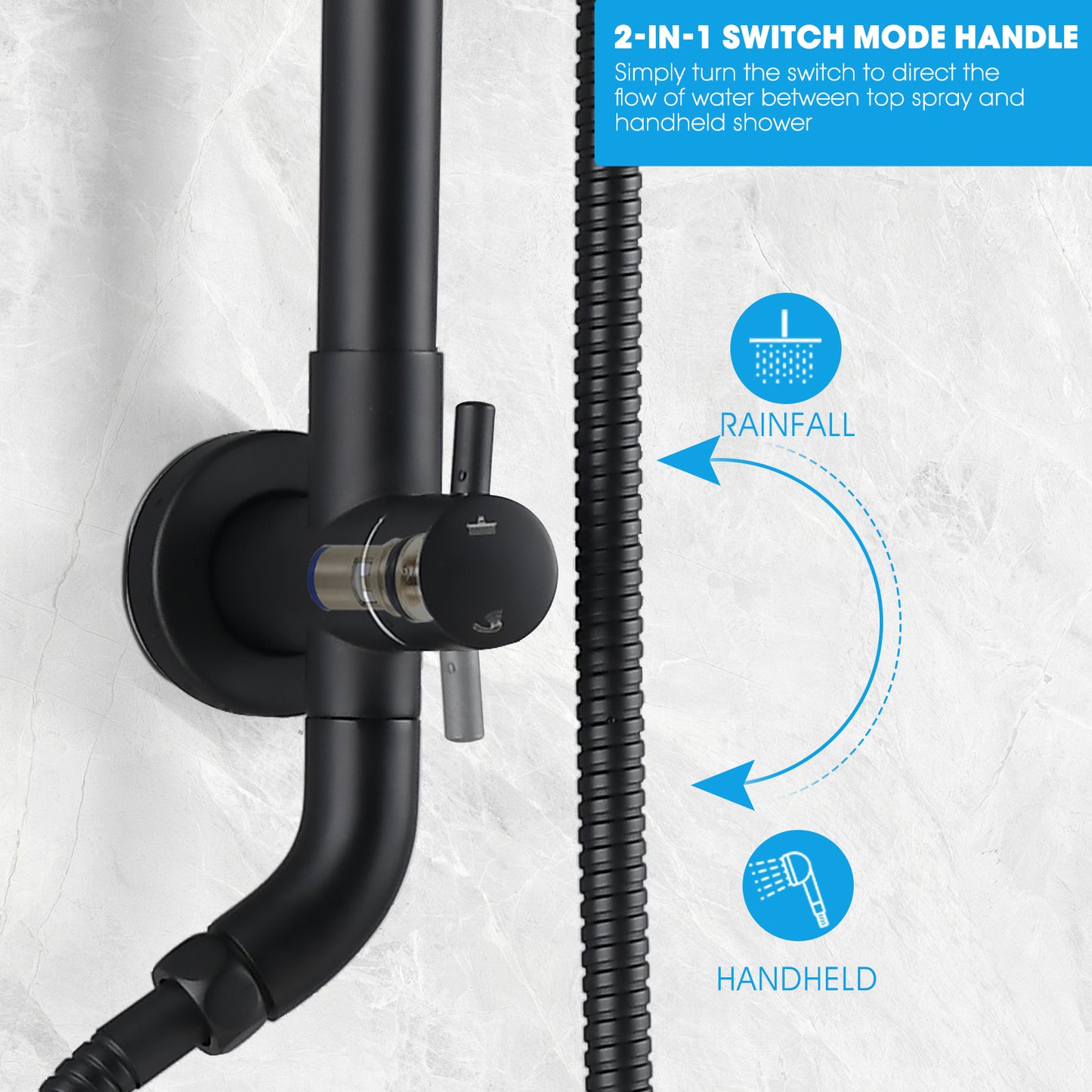 8-Inch Complete Rain Shower Combo System, Air-Injection Rainfall Spray, 3-Function Hand Shower, Wall Mounted In Matte Black