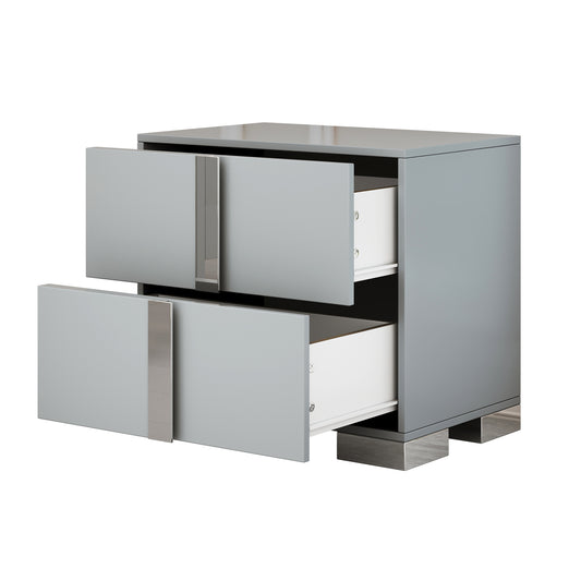 Elegant Nightstand With Metal Foot, Mirrored Bedside Table With 2 Drawers For Bedroom, Living Room, Gray