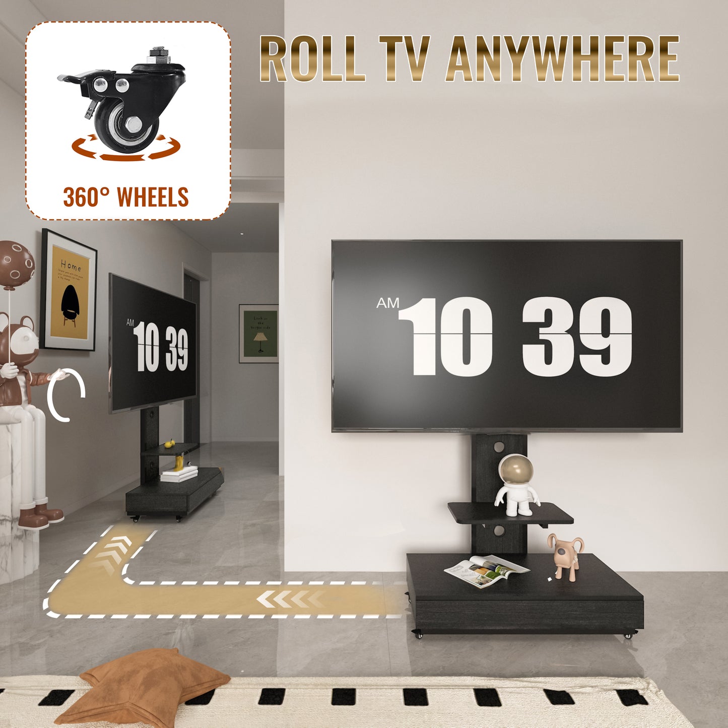 TV Stand With Push-pull Drawer For Living Room, Bedroom,Offices,Mobile TV Cart For 32-75 Inches,Floor Stand With Mount On Lockable Wheels,Black