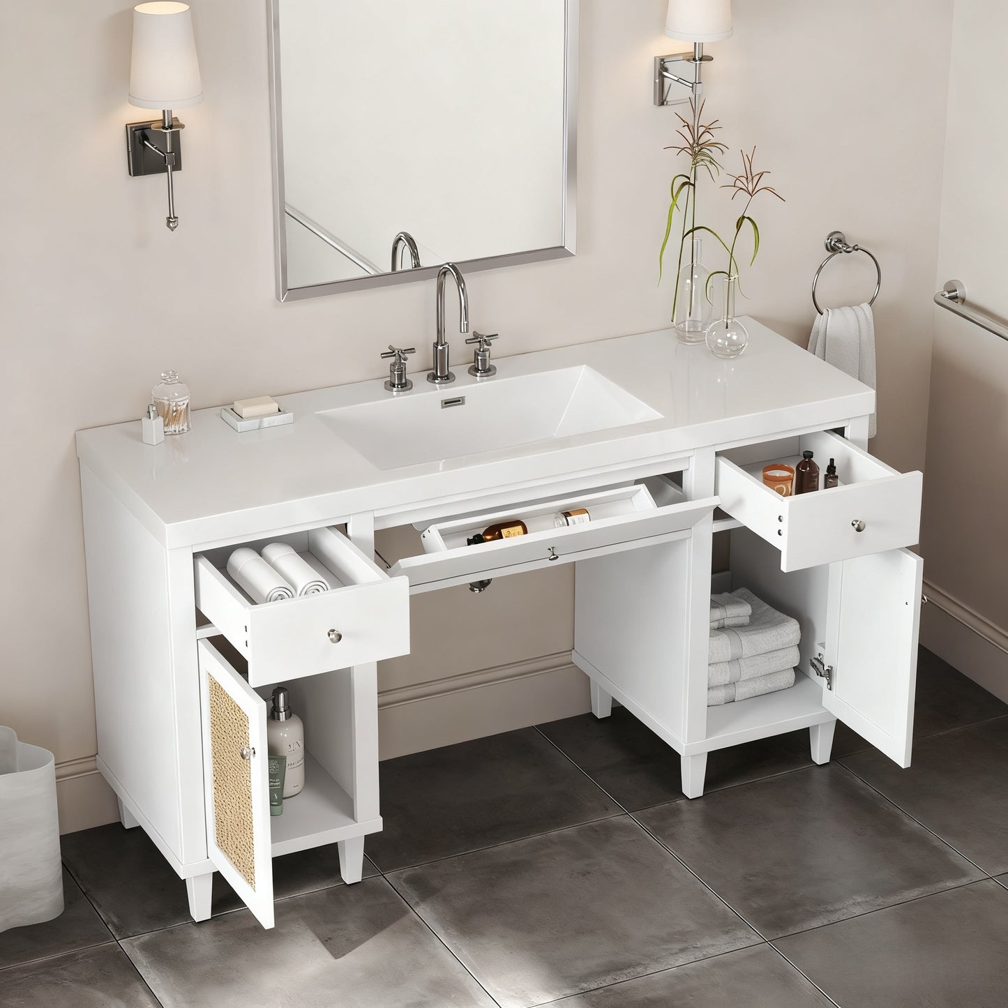 60 Inch Bathroom Vanity With SMC Sink, Modern Spacious Bathroom Storage Cabinet With Soft Close Drawers And Tip-Out Tray, Solid Wood Legs And Silver Metal Knobs,Wheelchair-friendly Style, White