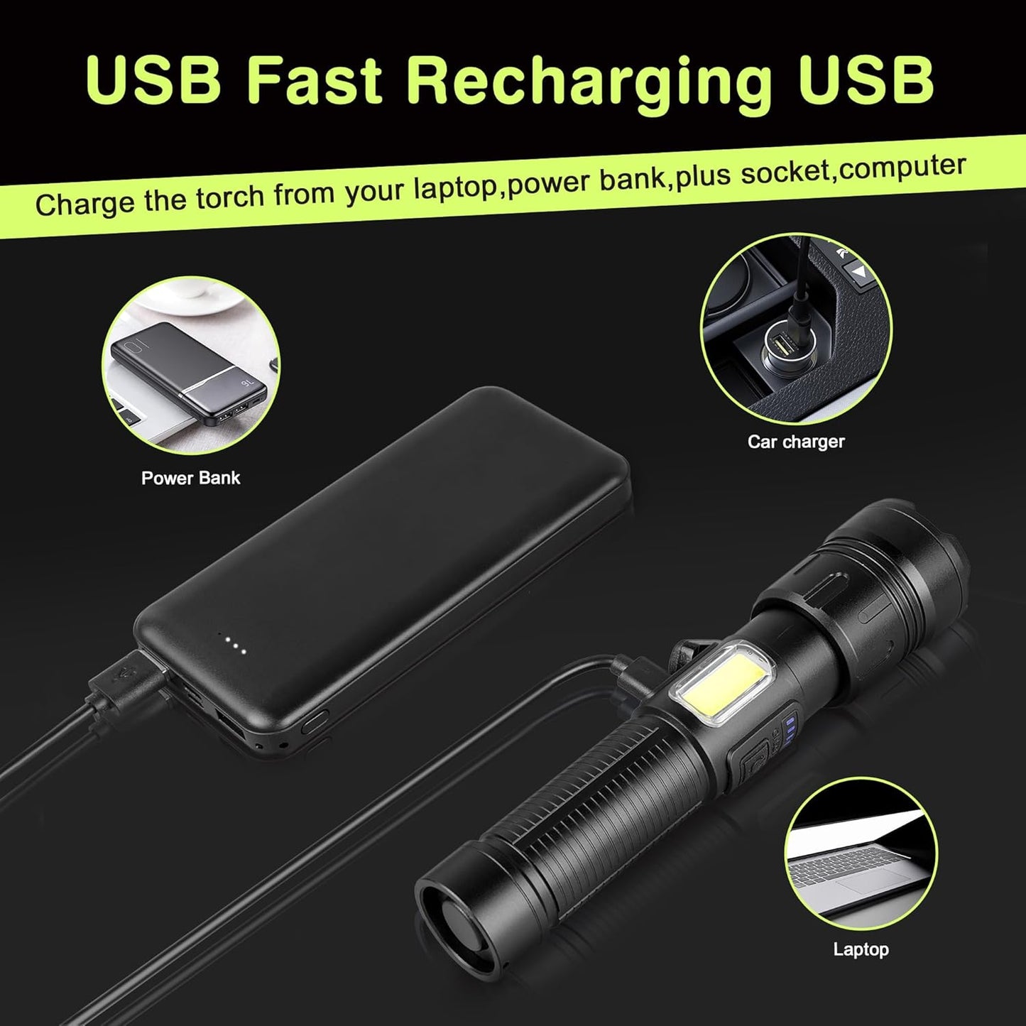 LED Rechargeable Torch 10,000 Lumens, Very Bright Flashlight, Flashlight, USB, 4 Light Modes, Zoomable, IPX4 Waterproof For Camping
