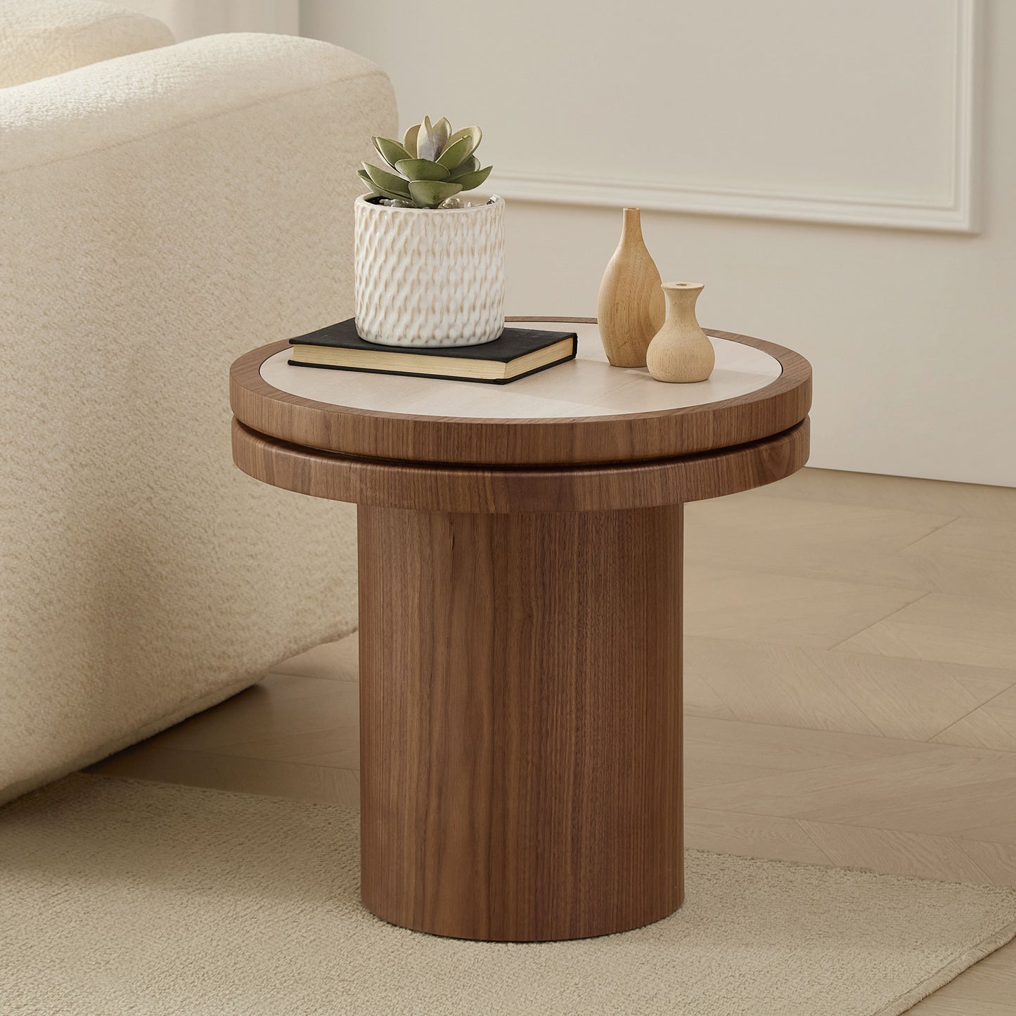 19.49 Inch Round MDF Side Table Sintered Stone Tabletop For Living Room Bedroom WALNUT