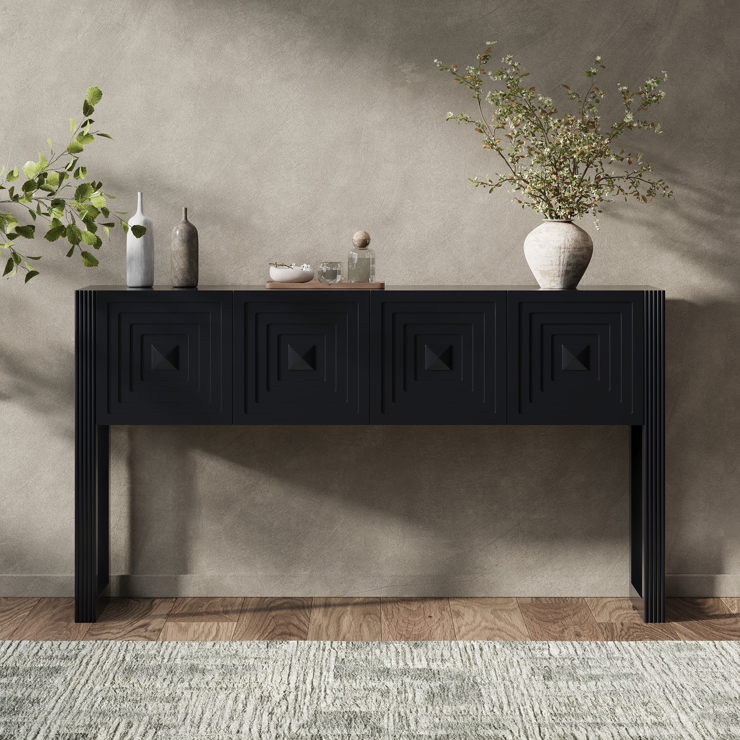 Video  Geometric Carved Console Table With 3 Soft-Close Drawers, Fluted Leg Details, Entryway Sofa Table For Living Room Hallway, Black