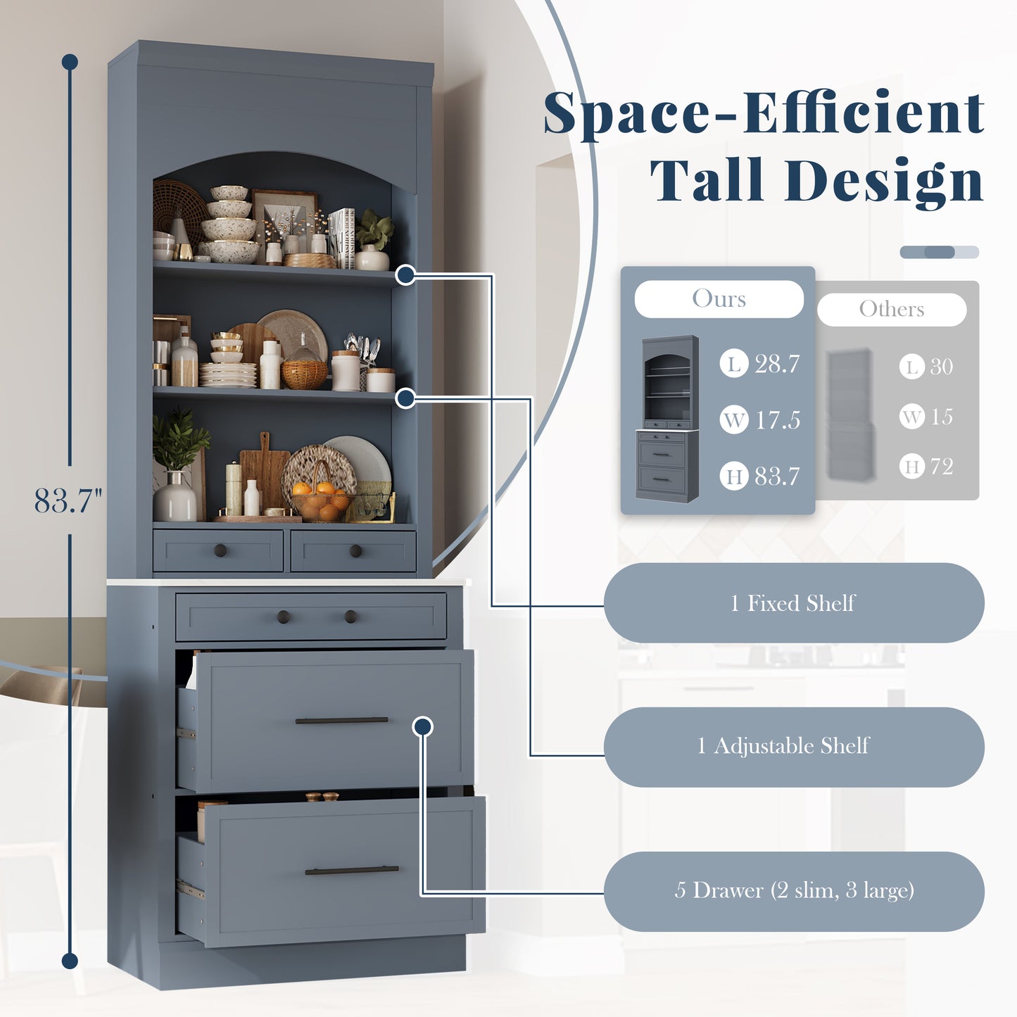 TOPMAx Modern 83.7inch High Kitchen Pantry  Freestanding Tall Kitchen Hutch With Faux Marble Top  Cupboard Cabinet With 5 Storage Drawers And Adjustable Shelf  Set Of 2  Gray