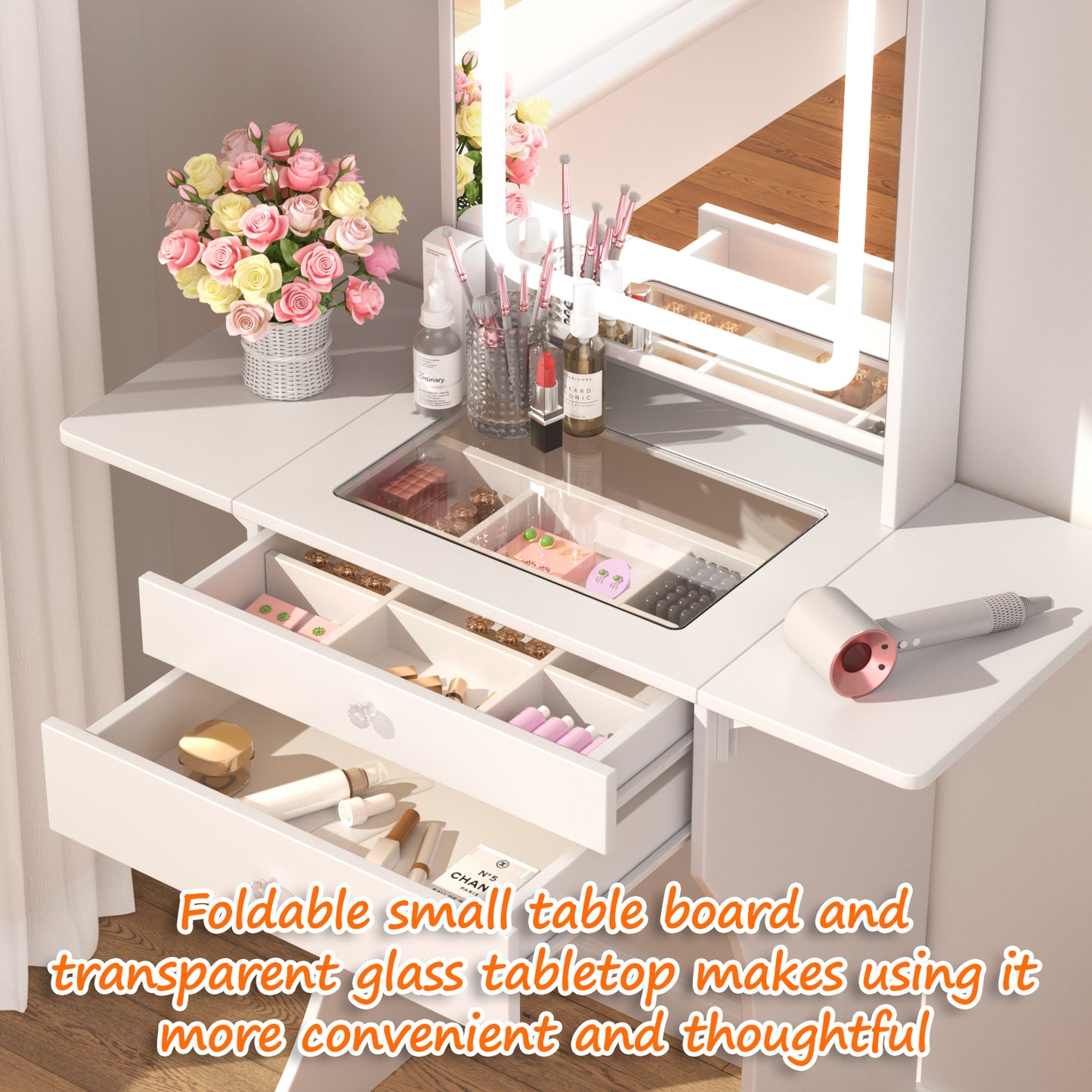 Vanity Set For Small Bedrooms - Small Space Makeup Vanity With Stool, Compartmentalized Drawers & 20cm Foldable Side Tables  Left And Right