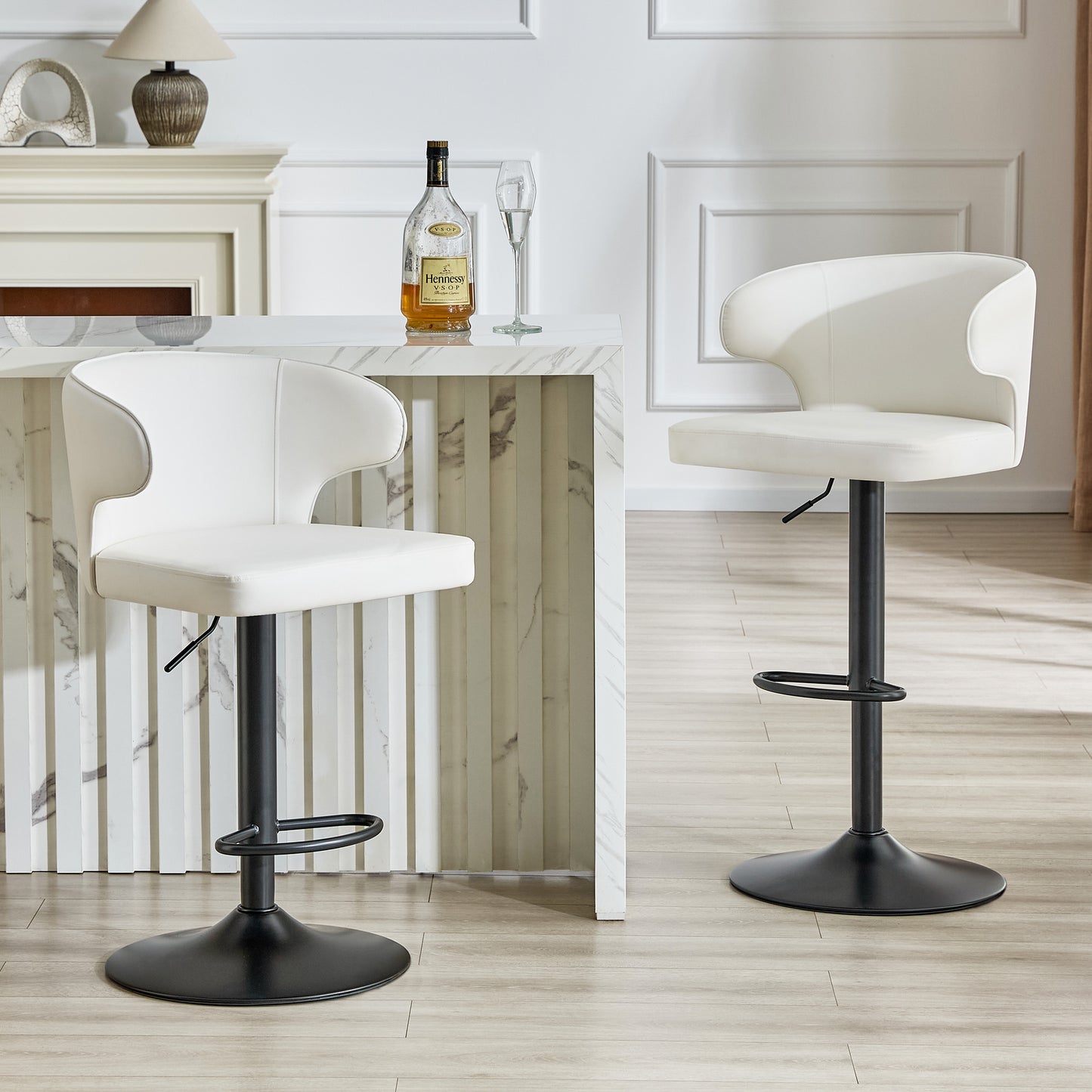 Modern Rotating Adjustable Bar Chair, PU Leather Belt Backrest Swivel Chair, Suitable For Kitchen Bar Counter And Dining Room, Adjustable Height, Capable Of Bearing 300 Pounds  White -2 Pieces