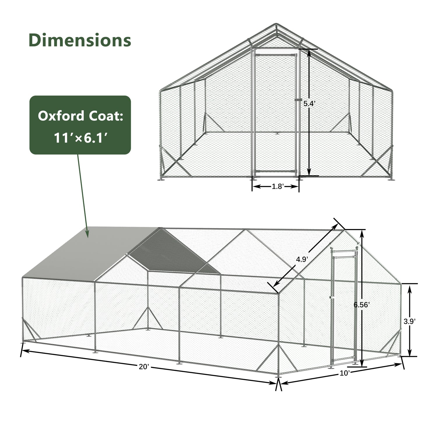 Large Metal Chicken Coop, Walk-in Chicken Run,Galvanized Wire Poultry Chicken Hen Pen Cage, Rabbits Duck Cages With Waterproof And Anti-Ultraviolet Cover For Outside 10L X 20W X 6.56'H