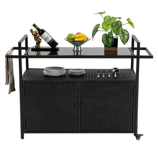 Outdoor Wicker Bar Cart, Patio Wine Serving Cart W Wheels, Rolling Rattan Beverage Bar Counter Table W Glass Top For Porch Backyard Garden Poolside Party, Black