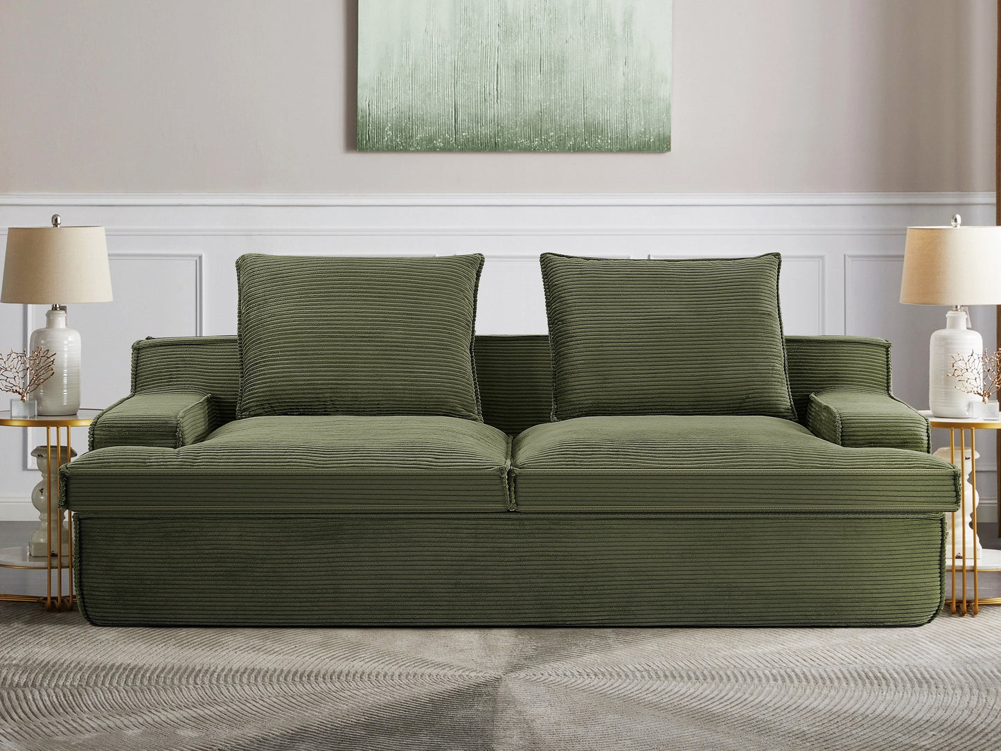 Nimbus Oversized Full Foam 4 Seater Couch For Living Room Upholstered In Soft Corduroy Fabric, Wide Armrests, Ergonomic Compressed Sofa In A Box, No Assembly, 90 Inch Wide, Green