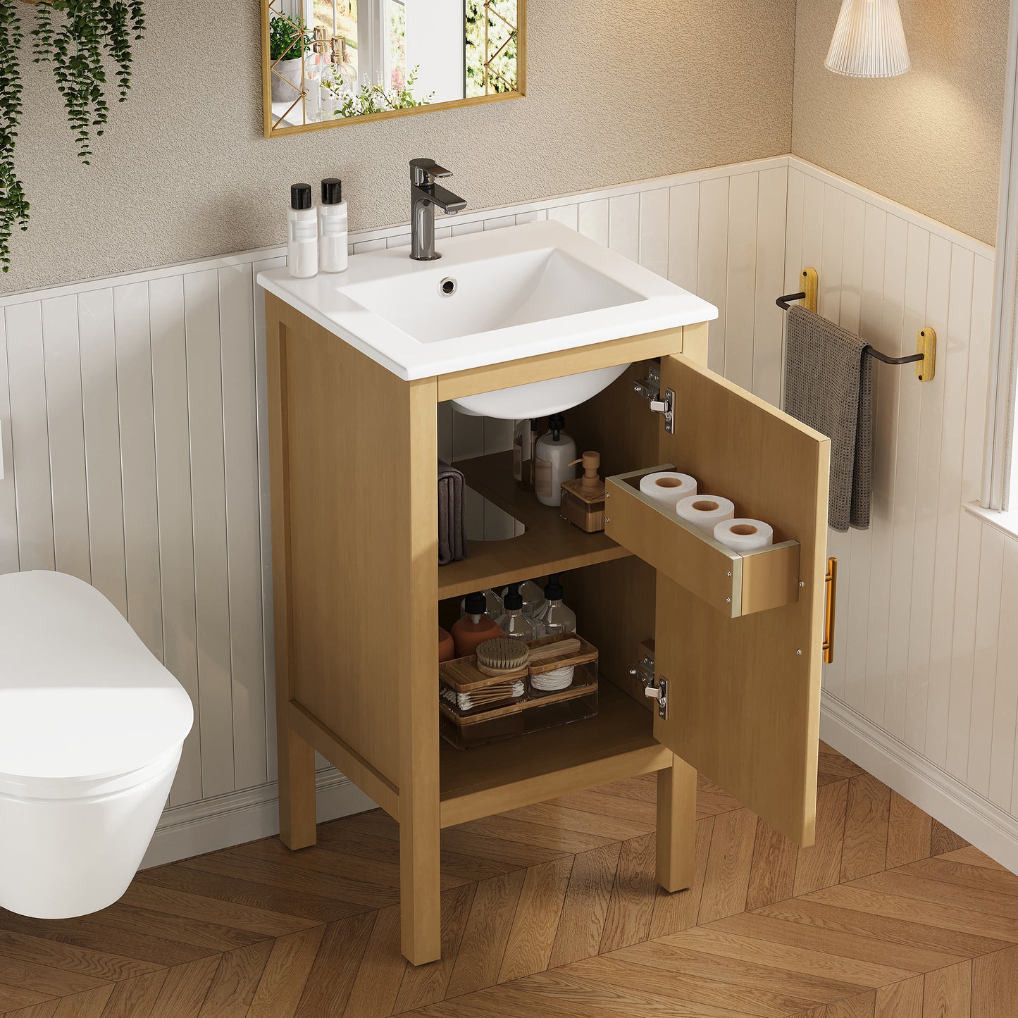 18   Bathroom Cabinet With Storage, Small Space Solution With Ceramic Sink, Adjustable Shelf, Soft-Closing Hinges