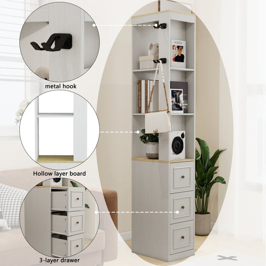 73  Tall Slim Storage Cabinet, 3-Tier Media Storage Cabinet With 3 Drawers And 2 Hooks, Bookcase Display Storage Shelves, Cube CD, DVD, Game Console Storage Cabinet-Antique White