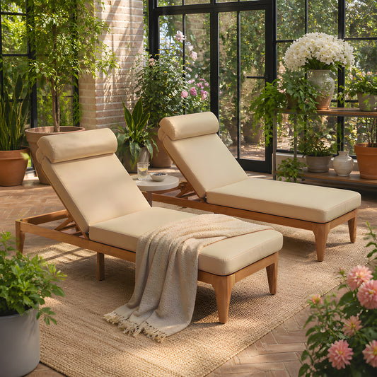 TOPMAX Acacia Wood Chaise Lounge, Outdoor Sun Lounge Chair, Patio Recliner With Adjustable Backrest And Head Pillow For Poolside, Backyard, Garden, Indoor&Outdoor, Set Of 2, Coffee Brown
