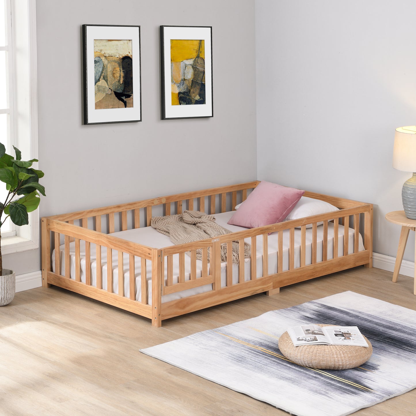 Full Size Floor Bed With Door,Solid Wood Platform Bed Frame With Fence,Suitable For Children,Pine Wood,Natural