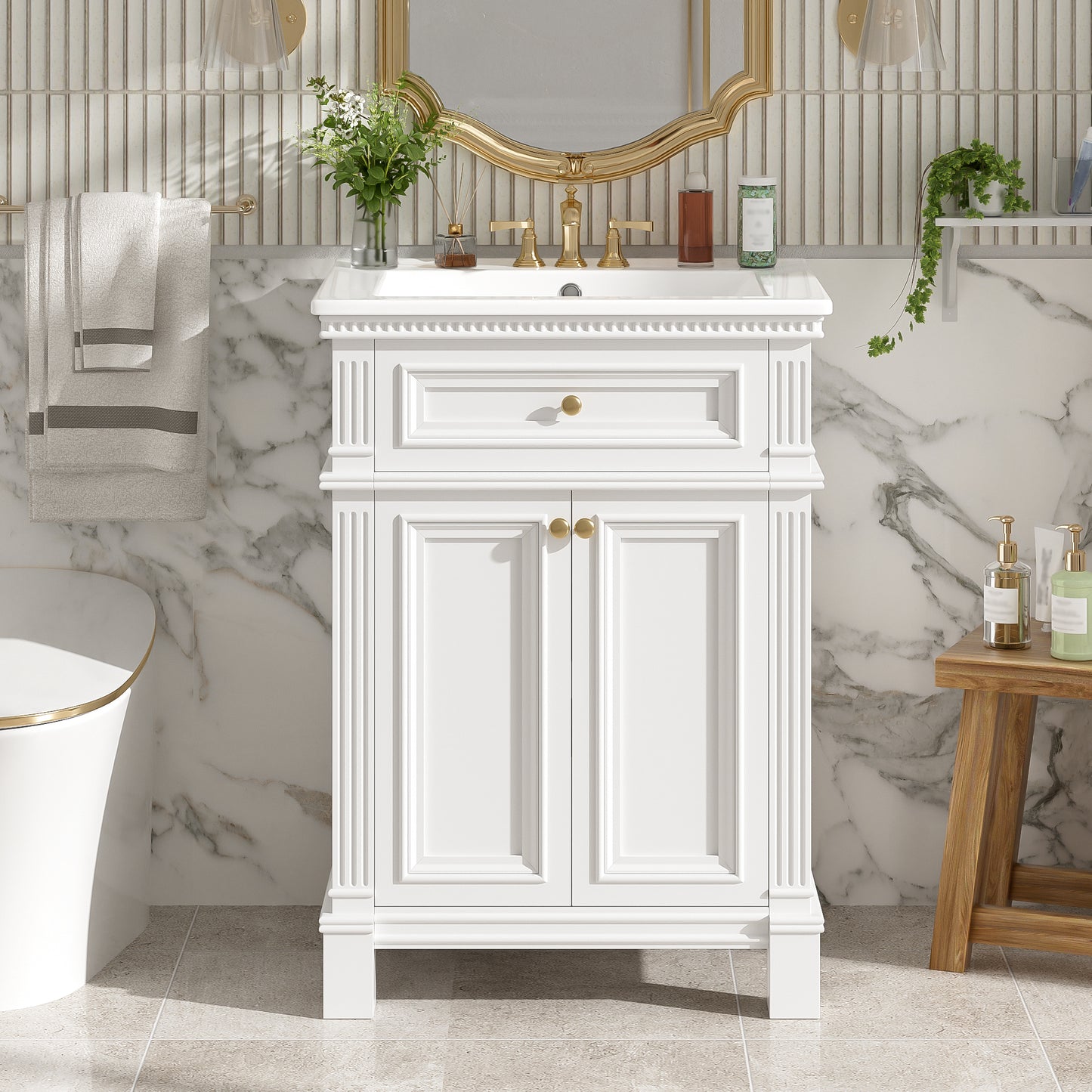 24   Vintage Elegance Bathroom Cabinet With Soft Closing Doors And Adjustable Shelf, Bathroom Vanity With Ceramic Sink